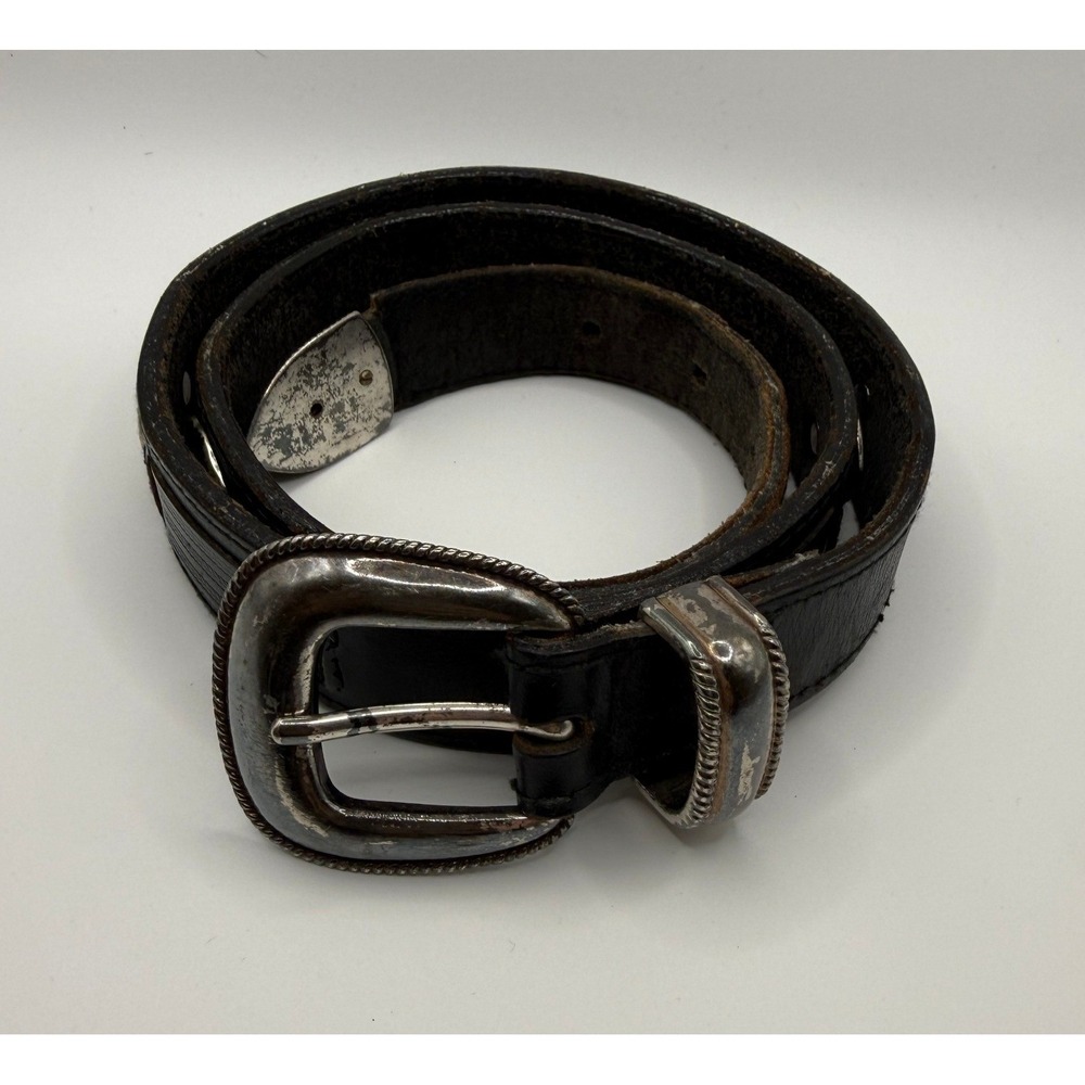 Vintage Western Black Leather Concho Belt Silver Engraved Buckle Boho 36 Inch
